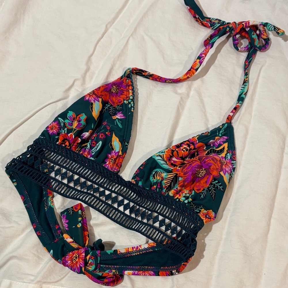 Floral Bikini Top with Lace Trim